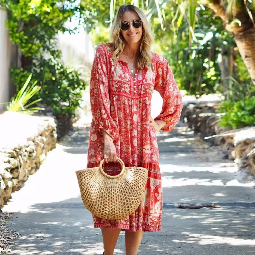 Poinciana Cherry Boho Gypsy Cotton Dress - Picture 5 of 8